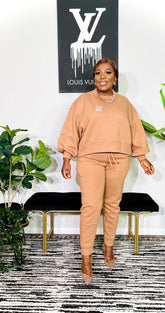 Babes That Get It Balloon Sleeve 2pc Joggers Set (Tan)